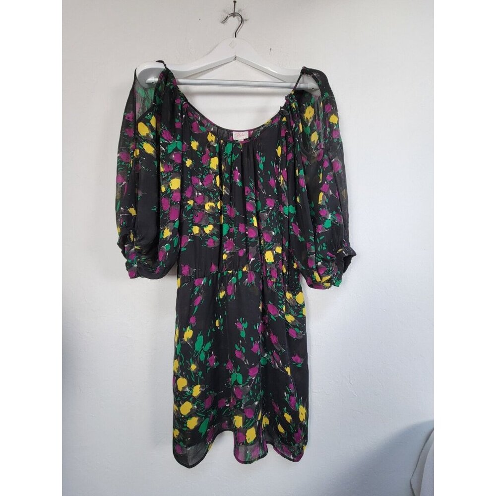 Parker Womens Black Floral Print Cold Shoulder Chiffon Tunic Top Medium Casual